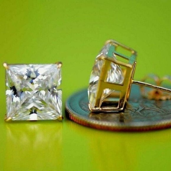 14k Yellow Gold Heavy Basket Princess Cut White Cubic Zirconia Stud Earring 10mm - Picture 3 of 10